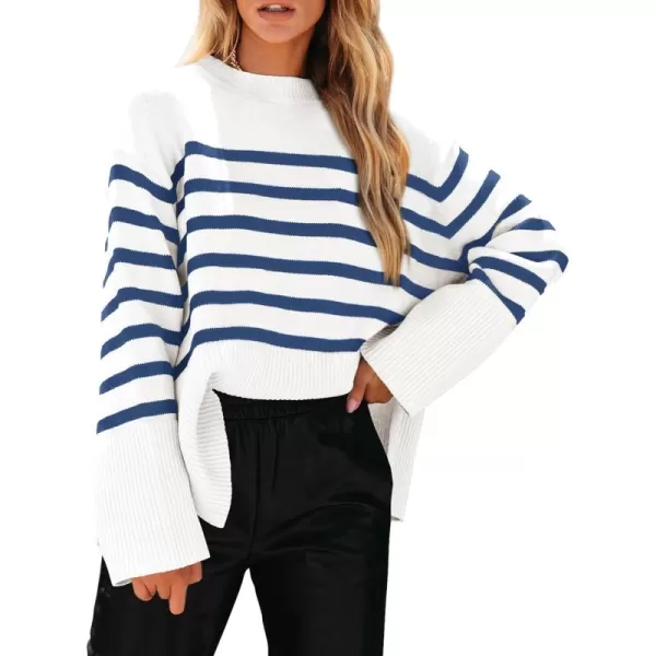 imagePRETTYGARDEN Womens 2024 Fall Striped Sweater Oversized Long Sleeve Crew Neck Side Slit Casual Trendy Knit Pullover SweatersNavy
