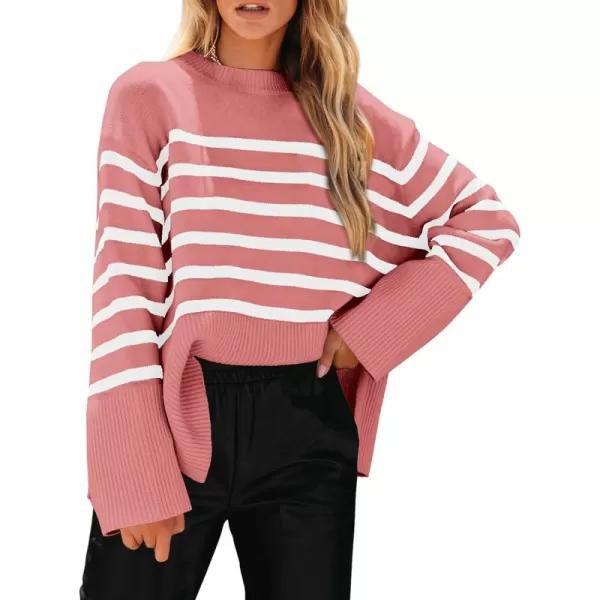 imagePRETTYGARDEN Womens 2024 Fall Striped Sweater Oversized Long Sleeve Crew Neck Side Slit Casual Trendy Knit Pullover SweatersPink