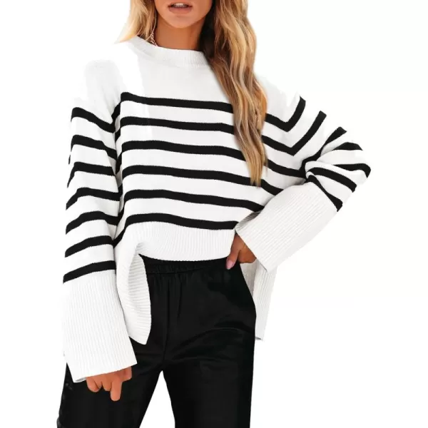 imagePRETTYGARDEN Womens 2024 Fall Striped Sweater Oversized Long Sleeve Crew Neck Side Slit Casual Trendy Knit Pullover SweatersWhite
