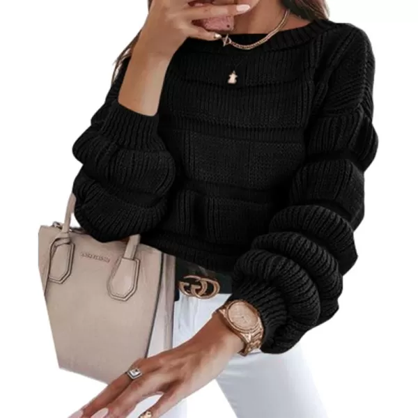 imagePRETTYGARDEN Womens 2024 Fall Sweaters Casual Crew Neck Pullover Long Puff Sleeve Loose Plain Chunky Knit Cute Blouse TopsBlack