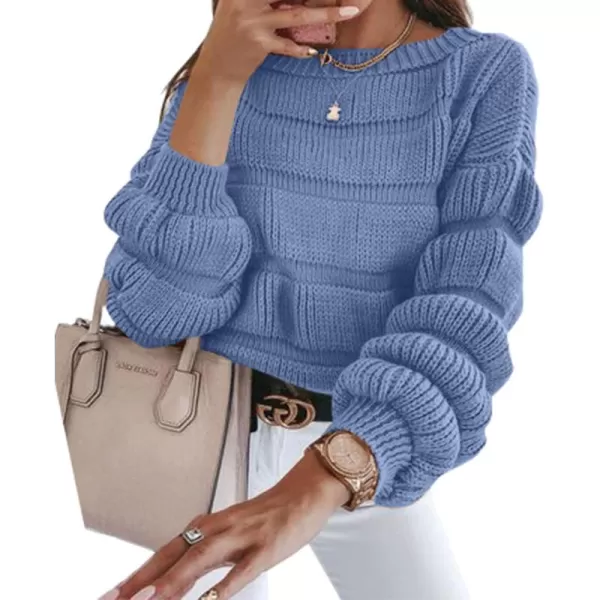 imagePRETTYGARDEN Womens 2024 Fall Sweaters Casual Crew Neck Pullover Long Puff Sleeve Loose Plain Chunky Knit Cute Blouse TopsBlue