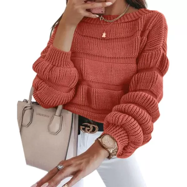 imagePRETTYGARDEN Womens 2024 Fall Sweaters Casual Crew Neck Pullover Long Puff Sleeve Loose Plain Chunky Knit Cute Blouse TopsBrick Red