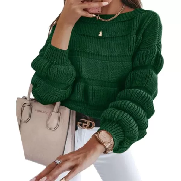 imagePRETTYGARDEN Womens 2024 Fall Sweaters Casual Crew Neck Pullover Long Puff Sleeve Loose Plain Chunky Knit Cute Blouse TopsDark Green