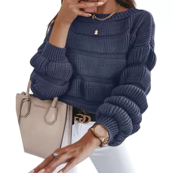 imagePRETTYGARDEN Womens 2024 Fall Sweaters Casual Crew Neck Pullover Long Puff Sleeve Loose Plain Chunky Knit Cute Blouse TopsNavy