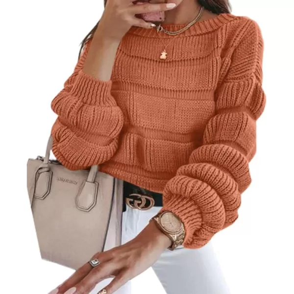 imagePRETTYGARDEN Womens 2024 Fall Sweaters Casual Crew Neck Pullover Long Puff Sleeve Loose Plain Chunky Knit Cute Blouse TopsOrange