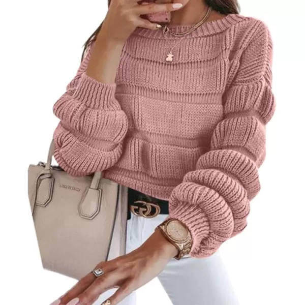 imagePRETTYGARDEN Womens 2024 Fall Sweaters Casual Crew Neck Pullover Long Puff Sleeve Loose Plain Chunky Knit Cute Blouse TopsPink