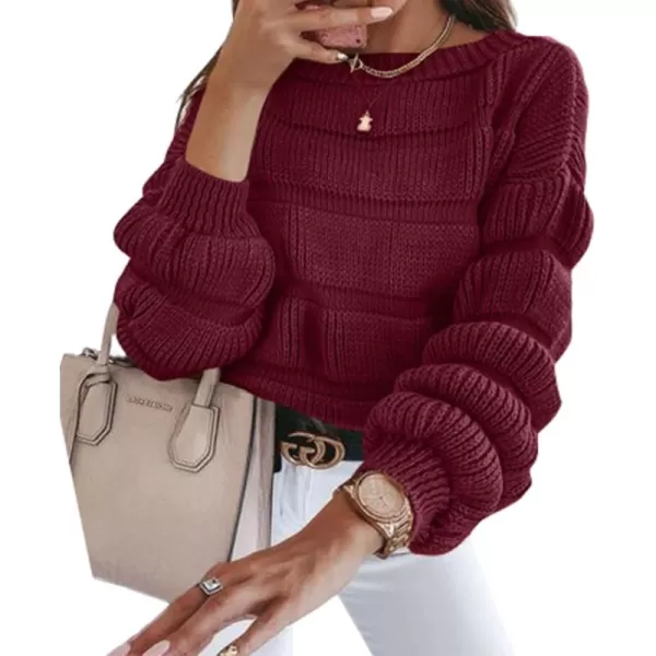 imagePRETTYGARDEN Womens 2024 Fall Sweaters Casual Crew Neck Pullover Long Puff Sleeve Loose Plain Chunky Knit Cute Blouse TopsWine Red