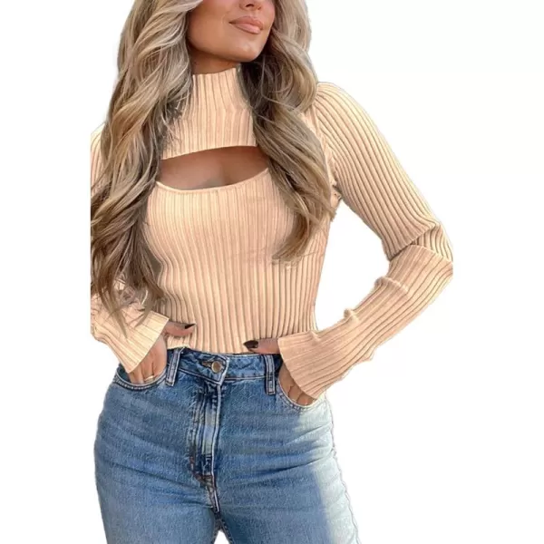 imagePRETTYGARDEN Womens 2024 Fashion Fall Clothes 2 Piece Cutout Tops Long Sleeve Mock Neck Rib Knit Winter Pullover SweaterApricot