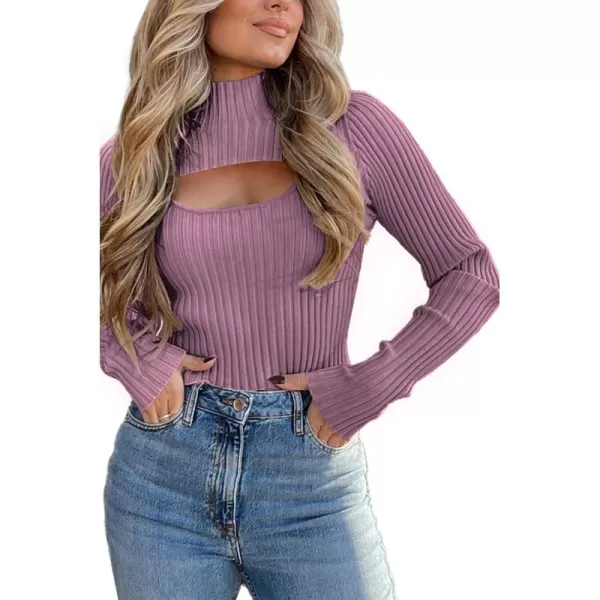 imagePRETTYGARDEN Womens 2024 Fashion Fall Clothes 2 Piece Cutout Tops Long Sleeve Mock Neck Rib Knit Winter Pullover SweaterBean Paste Purple