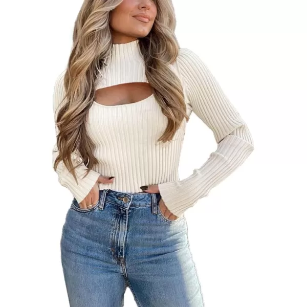 imagePRETTYGARDEN Womens 2024 Fashion Fall Clothes 2 Piece Cutout Tops Long Sleeve Mock Neck Rib Knit Winter Pullover SweaterBeige White