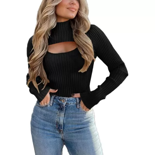imagePRETTYGARDEN Womens 2024 Fashion Fall Clothes 2 Piece Cutout Tops Long Sleeve Mock Neck Rib Knit Winter Pullover SweaterBlack
