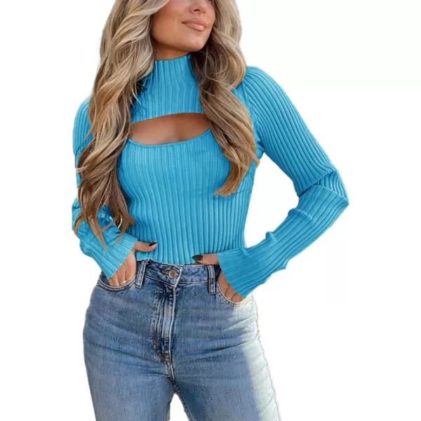 imagePRETTYGARDEN Womens 2024 Fashion Fall Clothes 2 Piece Cutout Tops Long Sleeve Mock Neck Rib Knit Winter Pullover SweaterBlue
