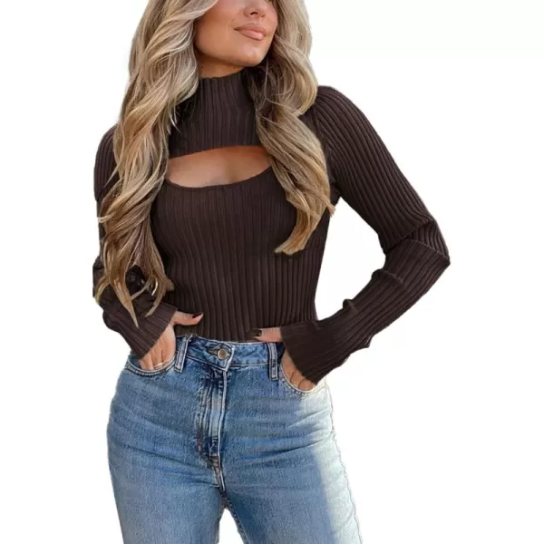 imagePRETTYGARDEN Womens 2024 Fashion Fall Clothes 2 Piece Cutout Tops Long Sleeve Mock Neck Rib Knit Winter Pullover SweaterCoffee