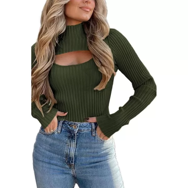 imagePRETTYGARDEN Womens 2024 Fashion Fall Clothes 2 Piece Cutout Tops Long Sleeve Mock Neck Rib Knit Winter Pullover SweaterDark Army Green