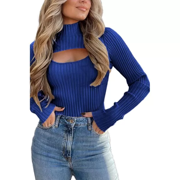 imagePRETTYGARDEN Womens 2024 Fashion Fall Clothes 2 Piece Cutout Tops Long Sleeve Mock Neck Rib Knit Winter Pullover SweaterDark Royal Blue