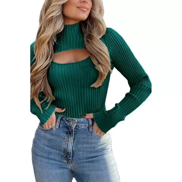 imagePRETTYGARDEN Womens 2024 Fashion Fall Clothes 2 Piece Cutout Tops Long Sleeve Mock Neck Rib Knit Winter Pullover SweaterLake Green