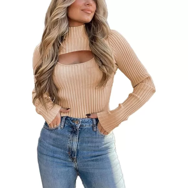 imagePRETTYGARDEN Womens 2024 Fashion Fall Clothes 2 Piece Cutout Tops Long Sleeve Mock Neck Rib Knit Winter Pullover SweaterLight Khaki
