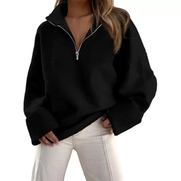 imagePRETTYGARDEN Womens 2024 Winter Pullover Sweaters Long Sleeve 14 Zip Lapel Chunky Knit Blouse TopsBlack