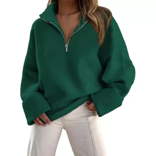 imagePRETTYGARDEN Womens 2024 Winter Pullover Sweaters Long Sleeve 14 Zip Lapel Chunky Knit Blouse TopsDark Green