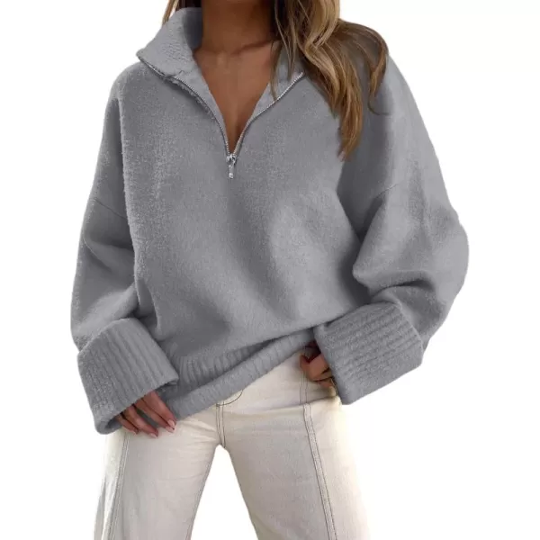 imagePRETTYGARDEN Womens 2024 Winter Pullover Sweaters Long Sleeve 14 Zip Lapel Chunky Knit Blouse TopsGrey
