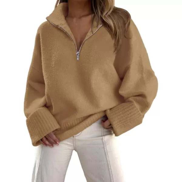 imagePRETTYGARDEN Womens 2024 Winter Pullover Sweaters Long Sleeve 14 Zip Lapel Chunky Knit Blouse TopsKhaki