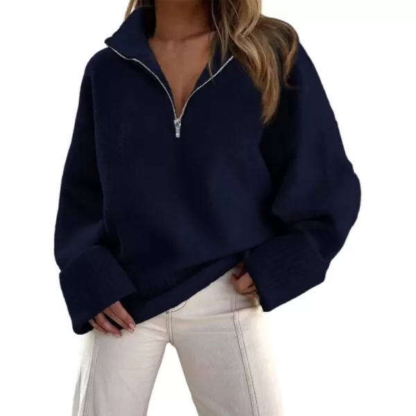 imagePRETTYGARDEN Womens 2024 Winter Pullover Sweaters Long Sleeve 14 Zip Lapel Chunky Knit Blouse TopsNavy