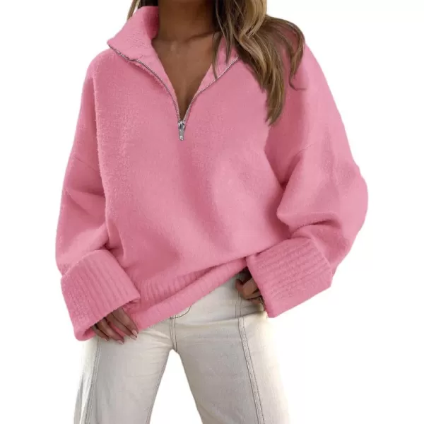 imagePRETTYGARDEN Womens 2024 Winter Pullover Sweaters Long Sleeve 14 Zip Lapel Chunky Knit Blouse TopsPink
