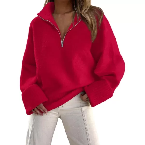 imagePRETTYGARDEN Womens 2024 Winter Pullover Sweaters Long Sleeve 14 Zip Lapel Chunky Knit Blouse TopsRed