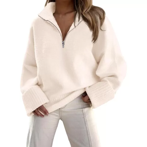 imagePRETTYGARDEN Womens 2024 Winter Pullover Sweaters Long Sleeve 14 Zip Lapel Chunky Knit Blouse TopsWhite