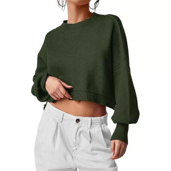 imagePRETTYGARDEN Womens Fall Cropped Striped Sweaters Casual Long Sleeve Crewneck Pullover Oversized Winter Tops JumperSolid Army Green