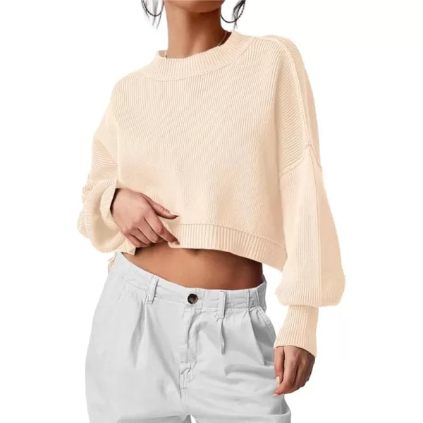 imagePRETTYGARDEN Womens Fall Cropped Striped Sweaters Casual Long Sleeve Crewneck Pullover Oversized Winter Tops JumperSolid Beige