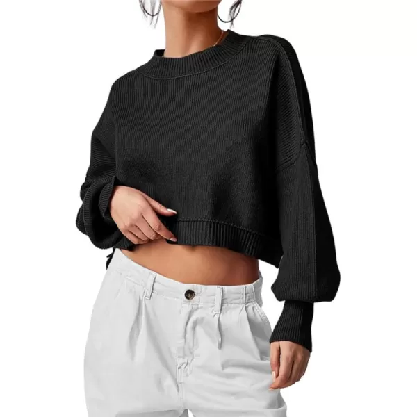 imagePRETTYGARDEN Womens Fall Cropped Striped Sweaters Casual Long Sleeve Crewneck Pullover Oversized Winter Tops JumperSolid Black