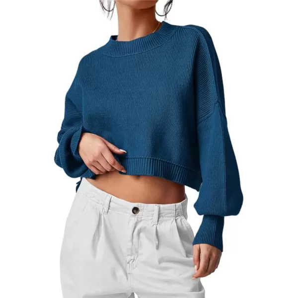 imagePRETTYGARDEN Womens Fall Cropped Striped Sweaters Casual Long Sleeve Crewneck Pullover Oversized Winter Tops JumperSolid Blue Grey