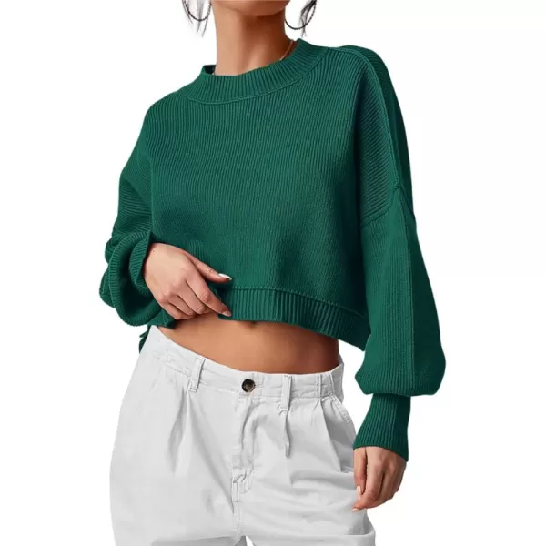 imagePRETTYGARDEN Womens Fall Cropped Striped Sweaters Casual Long Sleeve Crewneck Pullover Oversized Winter Tops JumperSolid Dark Green