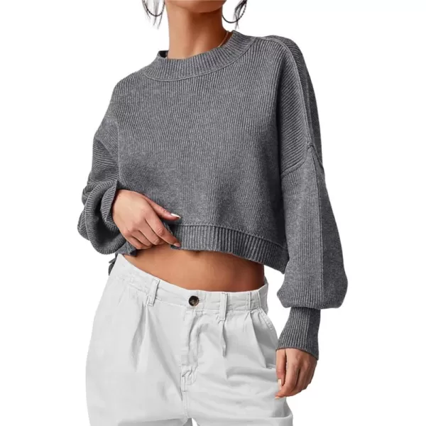 imagePRETTYGARDEN Womens Fall Cropped Striped Sweaters Casual Long Sleeve Crewneck Pullover Oversized Winter Tops JumperSolid Grey