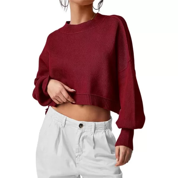 imagePRETTYGARDEN Womens Fall Cropped Striped Sweaters Casual Long Sleeve Crewneck Pullover Oversized Winter Tops JumperSolid Wine Red