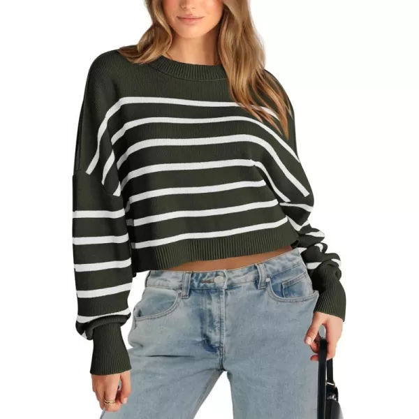 imagePRETTYGARDEN Womens Fall Cropped Striped Sweaters Casual Long Sleeve Crewneck Pullover Oversized Winter Tops JumperStriped Army Green