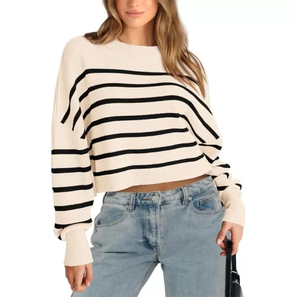imagePRETTYGARDEN Womens Fall Cropped Striped Sweaters Casual Long Sleeve Crewneck Pullover Oversized Winter Tops JumperStriped Beige