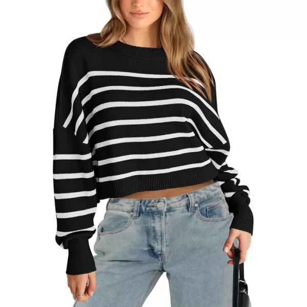 imagePRETTYGARDEN Womens Fall Cropped Striped Sweaters Casual Long Sleeve Crewneck Pullover Oversized Winter Tops JumperStriped Black