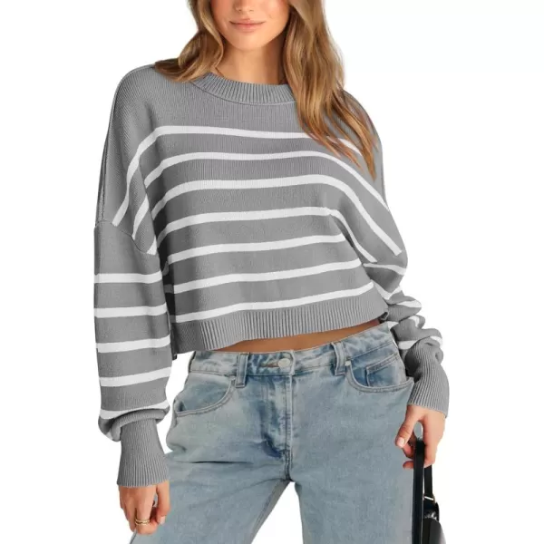 imagePRETTYGARDEN Womens Fall Cropped Striped Sweaters Casual Long Sleeve Crewneck Pullover Oversized Winter Tops JumperStriped Grey