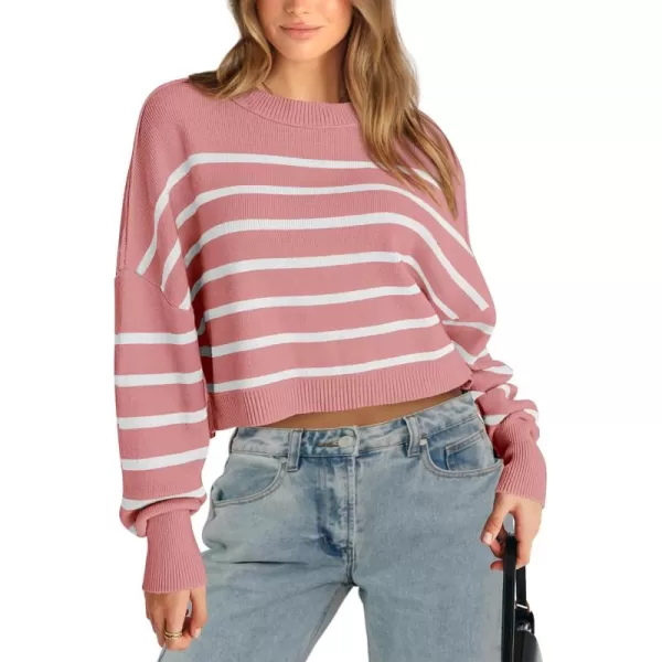 imagePRETTYGARDEN Womens Fall Cropped Striped Sweaters Casual Long Sleeve Crewneck Pullover Oversized Winter Tops JumperStriped Pink