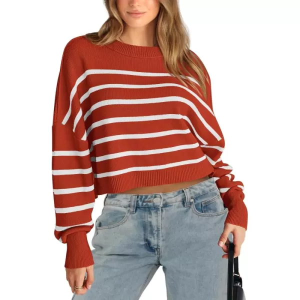 imagePRETTYGARDEN Womens Fall Cropped Striped Sweaters Casual Long Sleeve Crewneck Pullover Oversized Winter Tops JumperStriped Rust Red
