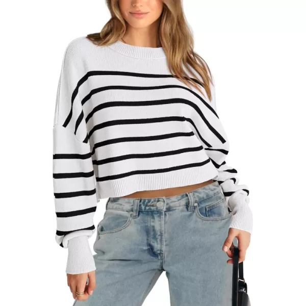 imagePRETTYGARDEN Womens Fall Cropped Striped Sweaters Casual Long Sleeve Crewneck Pullover Oversized Winter Tops JumperStriped White
