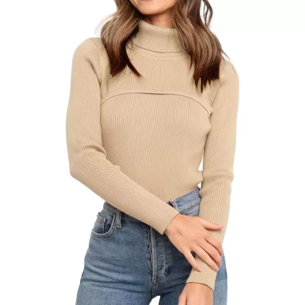imagePRETTYGARDEN Womens Fall Fashion Turtleneck Pullover Sweaters Casual Long Sleeve Cable Knit Fitted Jumper TopsApricot