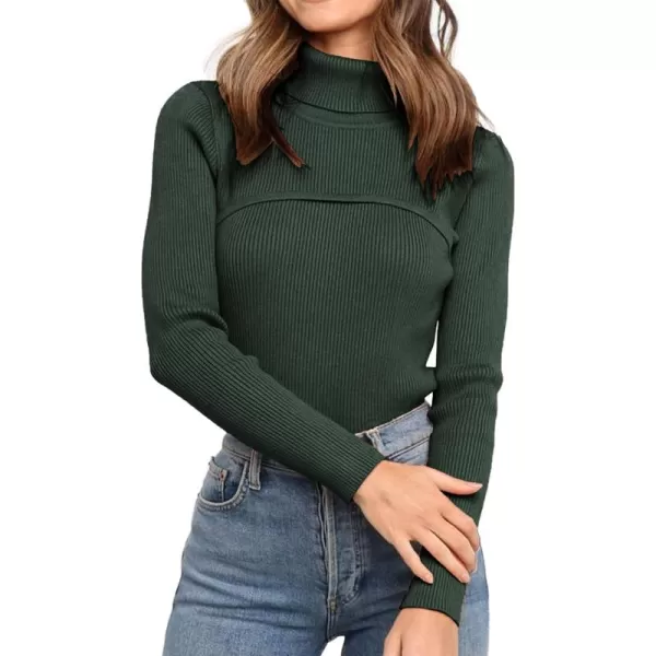 imagePRETTYGARDEN Womens Fall Fashion Turtleneck Pullover Sweaters Casual Long Sleeve Cable Knit Fitted Jumper TopsArmy Green