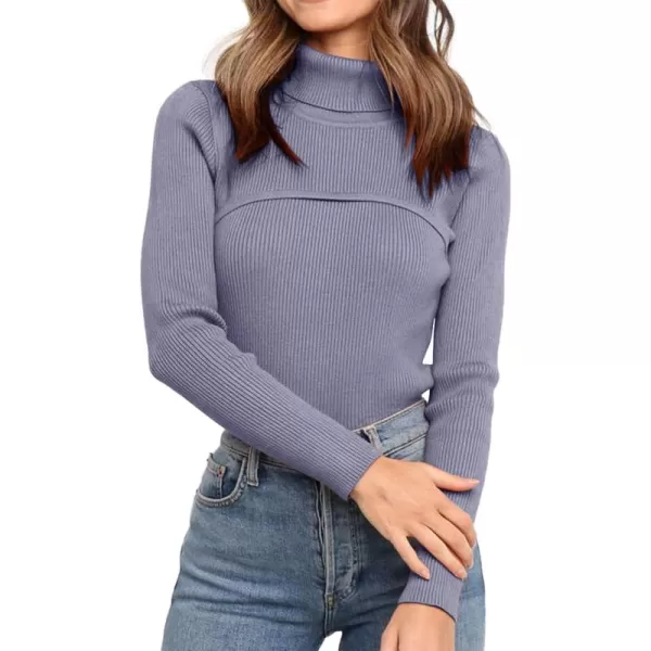 imagePRETTYGARDEN Womens Fall Fashion Turtleneck Pullover Sweaters Casual Long Sleeve Cable Knit Fitted Jumper TopsGrey Blue