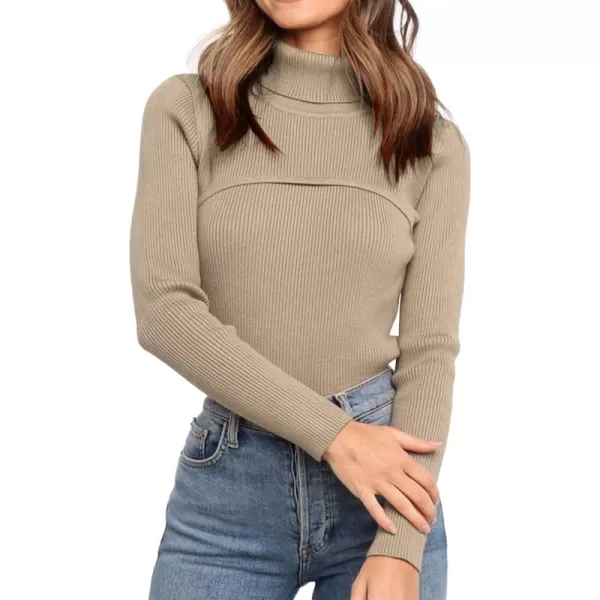 imagePRETTYGARDEN Womens Fall Fashion Turtleneck Pullover Sweaters Casual Long Sleeve Cable Knit Fitted Jumper TopsKhaki