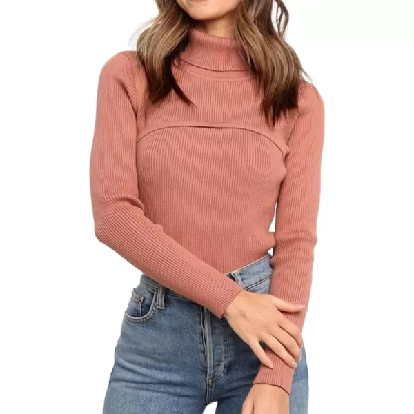imagePRETTYGARDEN Womens Fall Fashion Turtleneck Pullover Sweaters Casual Long Sleeve Cable Knit Fitted Jumper TopsLight Pink