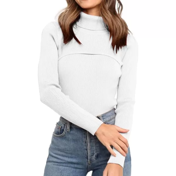 imagePRETTYGARDEN Womens Fall Fashion Turtleneck Pullover Sweaters Casual Long Sleeve Cable Knit Fitted Jumper TopsWhite