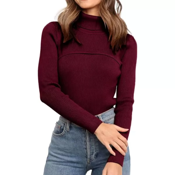 imagePRETTYGARDEN Womens Fall Fashion Turtleneck Pullover Sweaters Casual Long Sleeve Cable Knit Fitted Jumper TopsWine Red